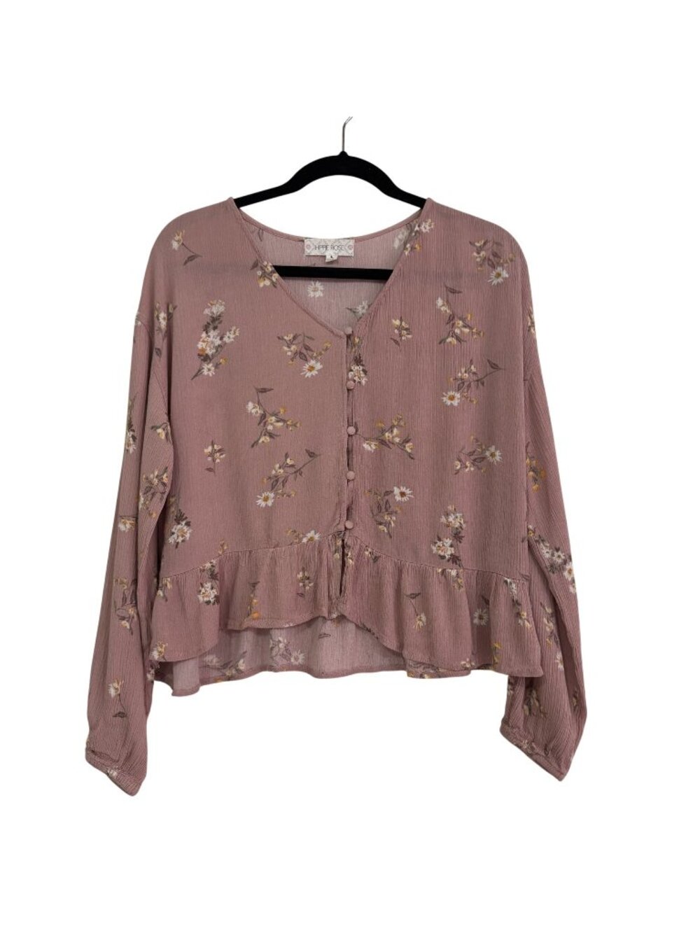 Hippie Rose Mauve‎ Floral Peplum Boho Blouse Large Cottagecore Top